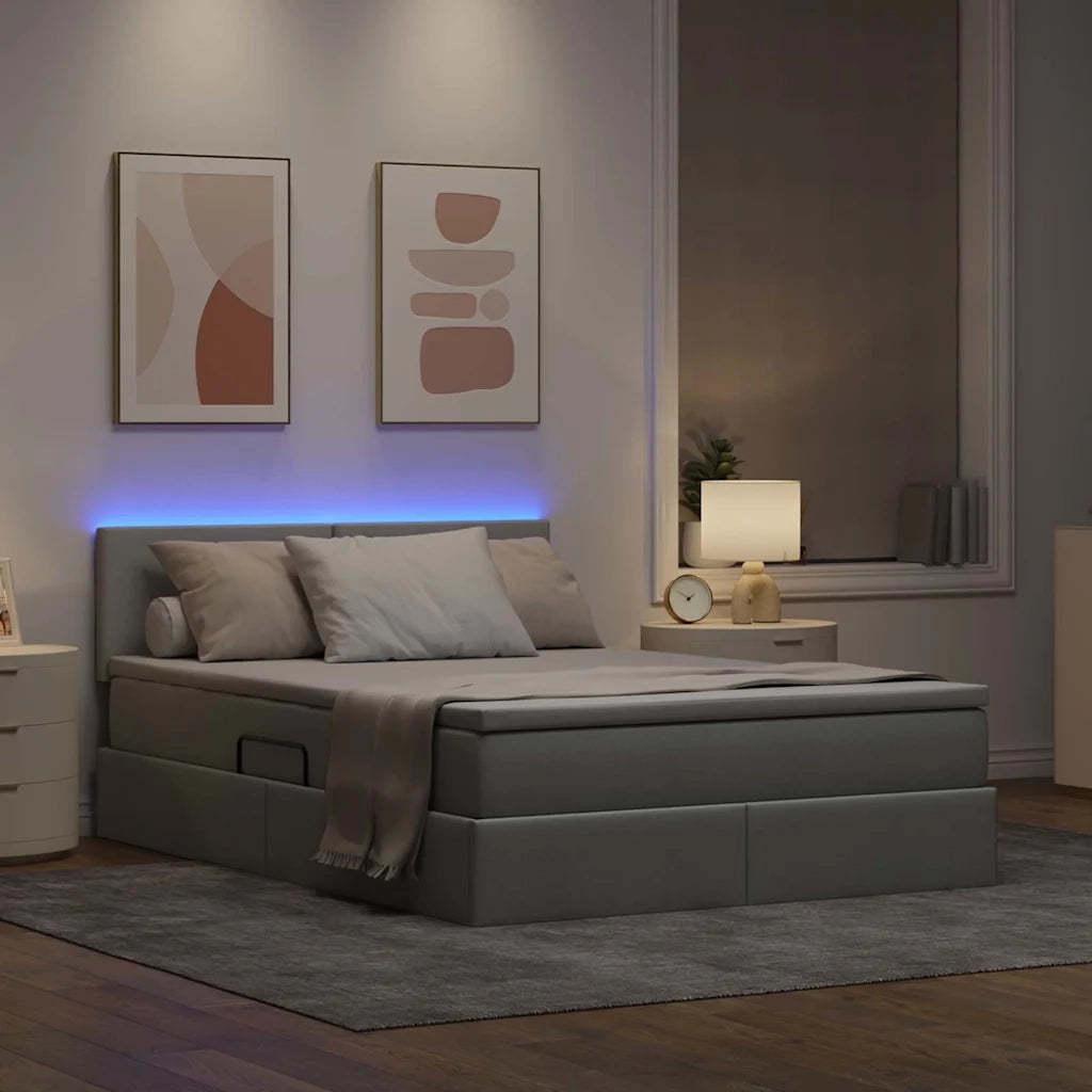 Letto con contenitore e LED Grigio chiaro 140 x 190 cm Tessuto