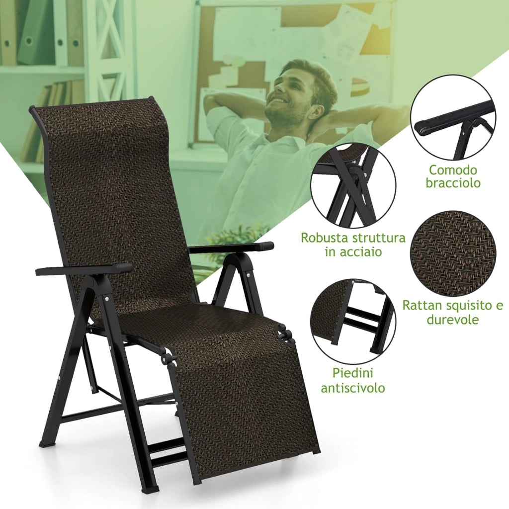 Sedie Pieghevoli e Reclinabili in Rattan, Chaise Longue Portatile con Schienale Regolabile, Sedia a Sdraio da Esterno con Braccioli Ampi, Struttura in Acciaio, per Interno ed Esterno (2)