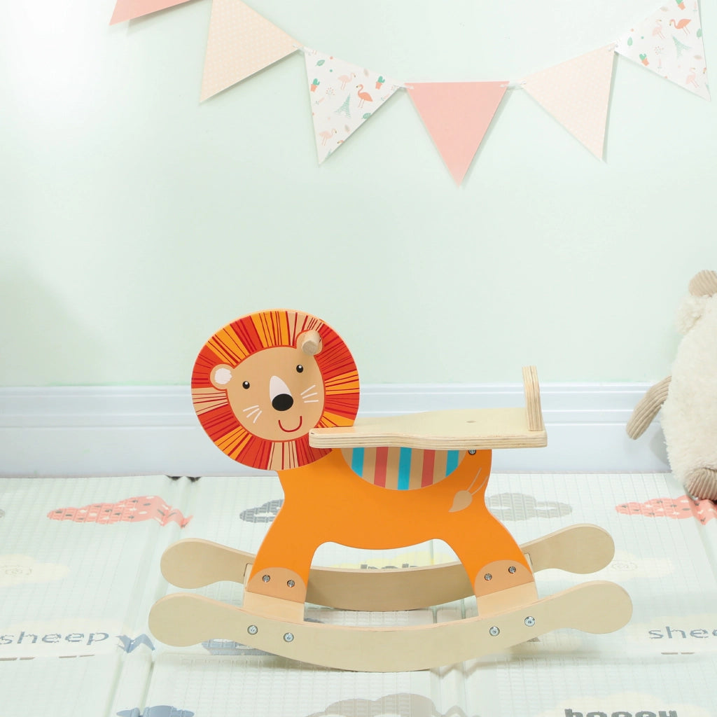 Cavallo a Dondolo con Design Leone per Bambini ¨C Minimal ¨C Legno Arancione