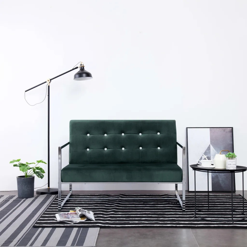 Divano a 2 Posti con Braccioli-Sofa 2 Posti Verde Scuro Cromato e Velluto