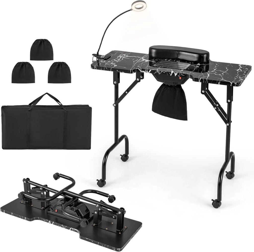COSTWAY Tavolo per Manicure Pieghevole con Aspiratore Elettrico, Tavolo per Unghie Portatile con Luce LED, Cuscino Poggia Polso Clienti, Borsa e 4 Ruote Bloccabili (Nero)