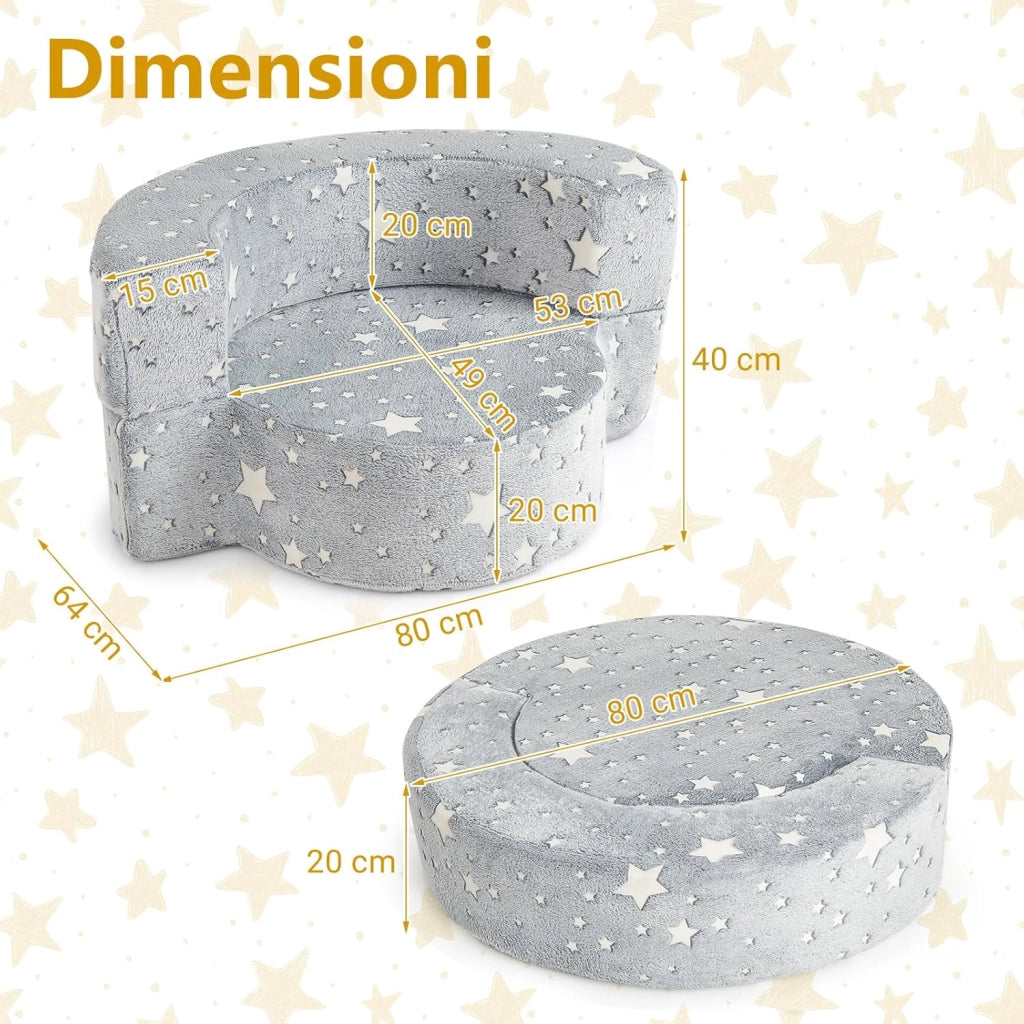 Divano in Schiuma Luminoso al Buio, Divano 2 in 1 per Bambini con Copertura Rimovibile e Lavabile, Poltrona per Bambini 3+ Anni per Cameretta e Soggiorno, 80 x 64 x 40 cm