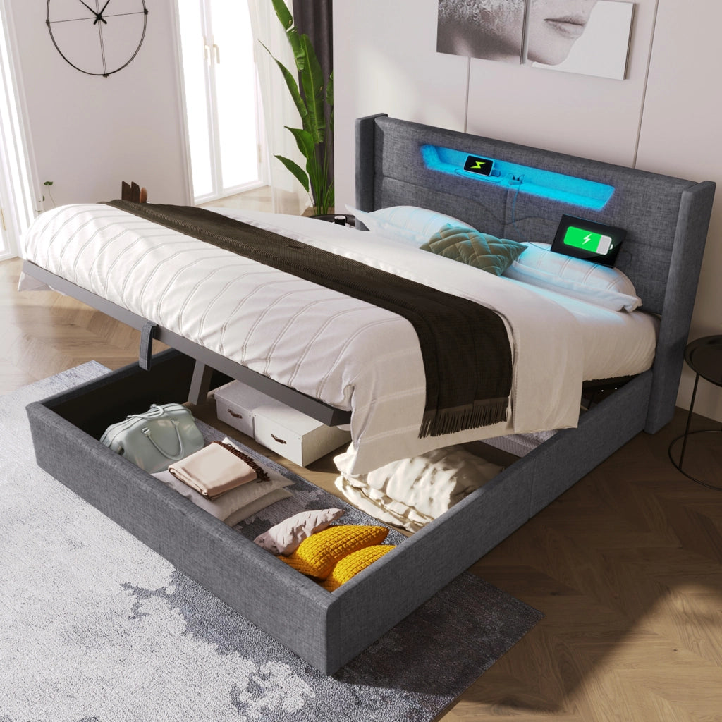 LETTO MATRIMONIALE 140x200 cm Grigio in Lino con LED e presa USB Type C