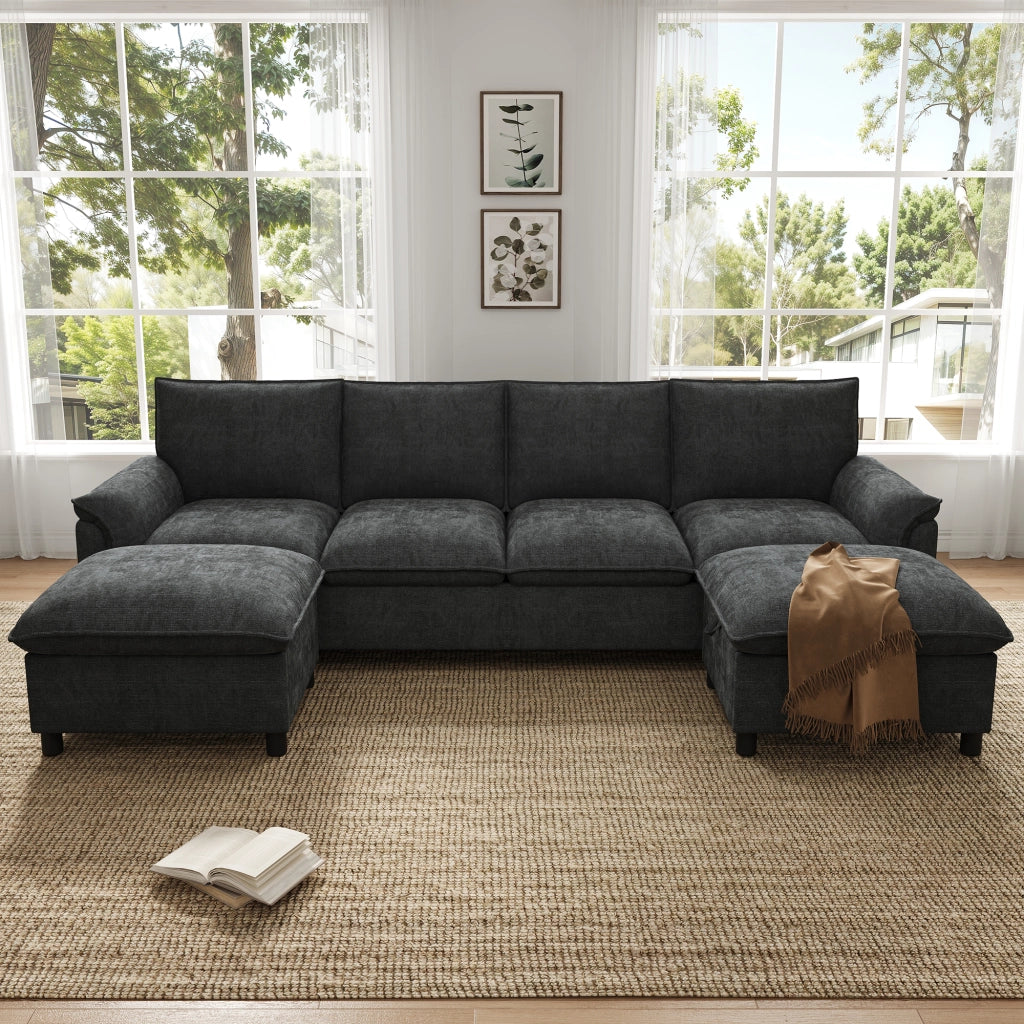 Divano modulare angolare - con pouf contenitore e schienale alto - in chenille nera