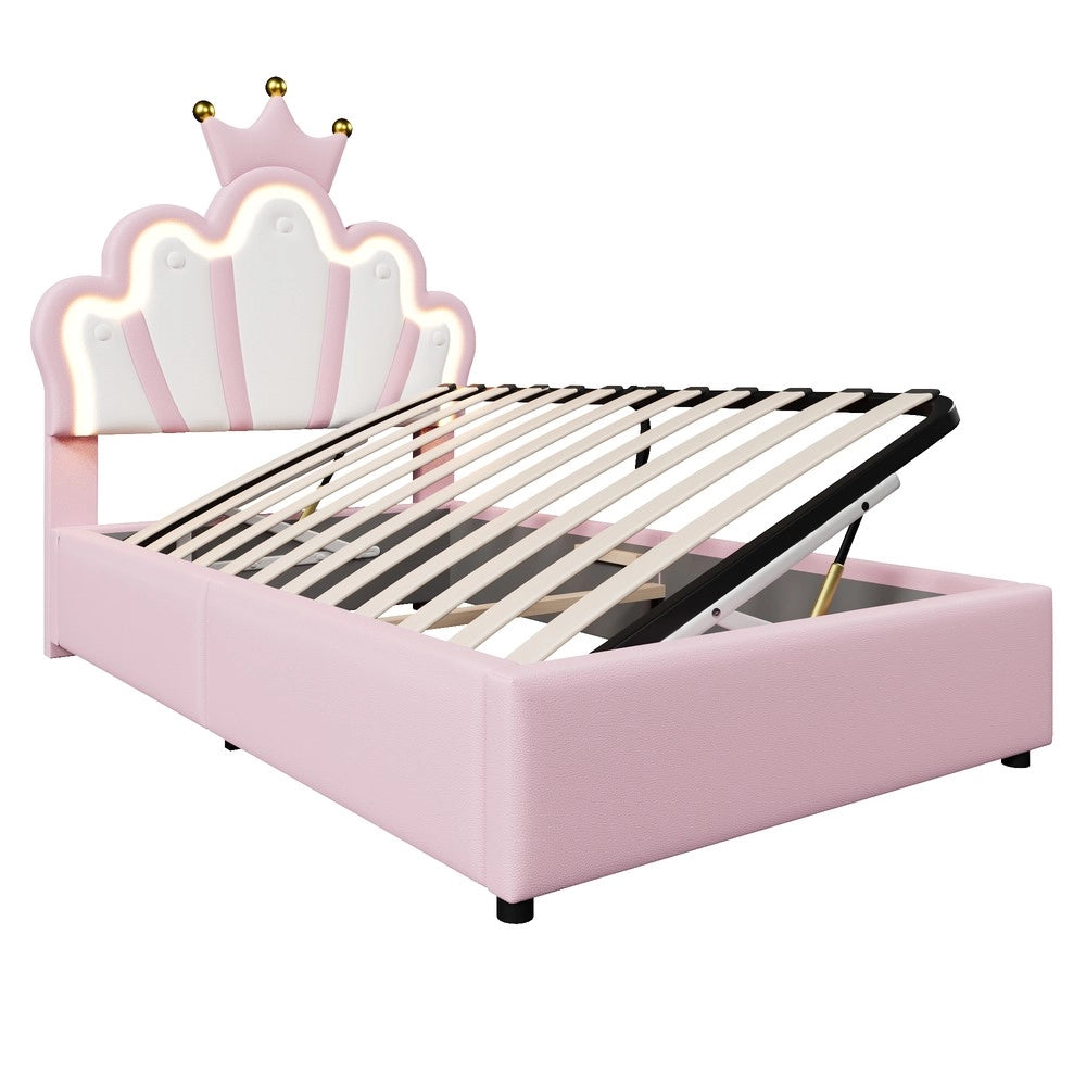 Letto Imbottito con LED e Alzata Idraulica ¨C MINIMAL ¨C Rosa, PU, 90x200
