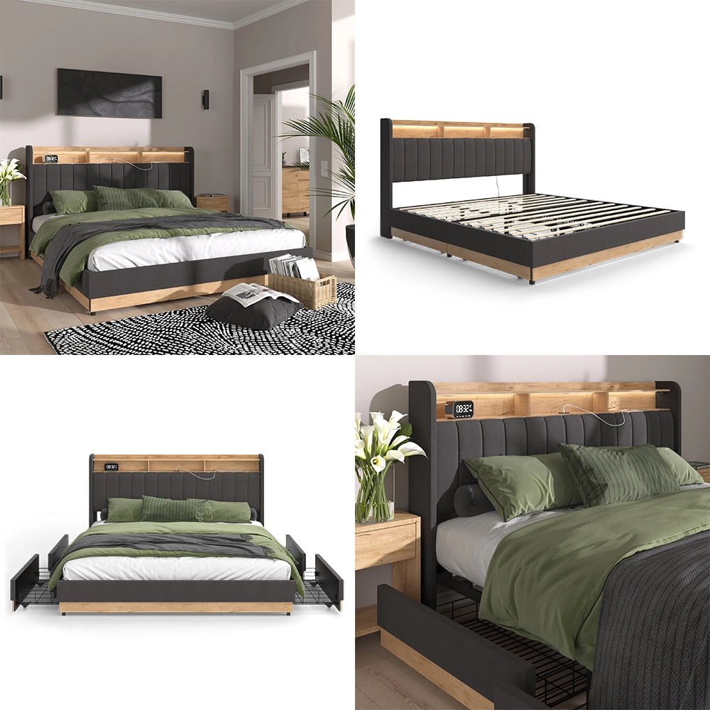 Vitalispa Letto imbottito Antracite 180x200 cm con 4 cassetti