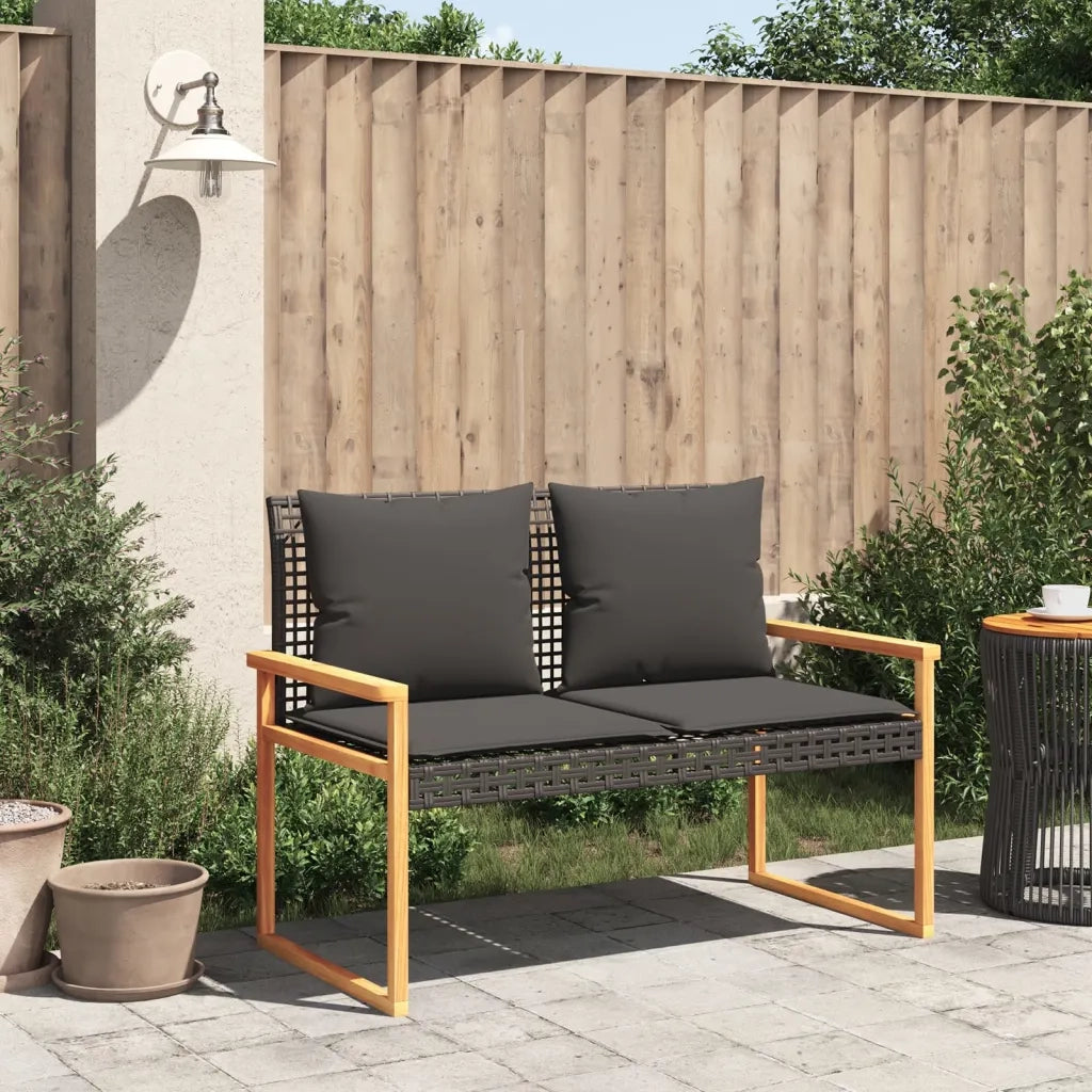 Panca da Giardino con Cuscino Nera in Polyrattan e Legno Acacia 365862