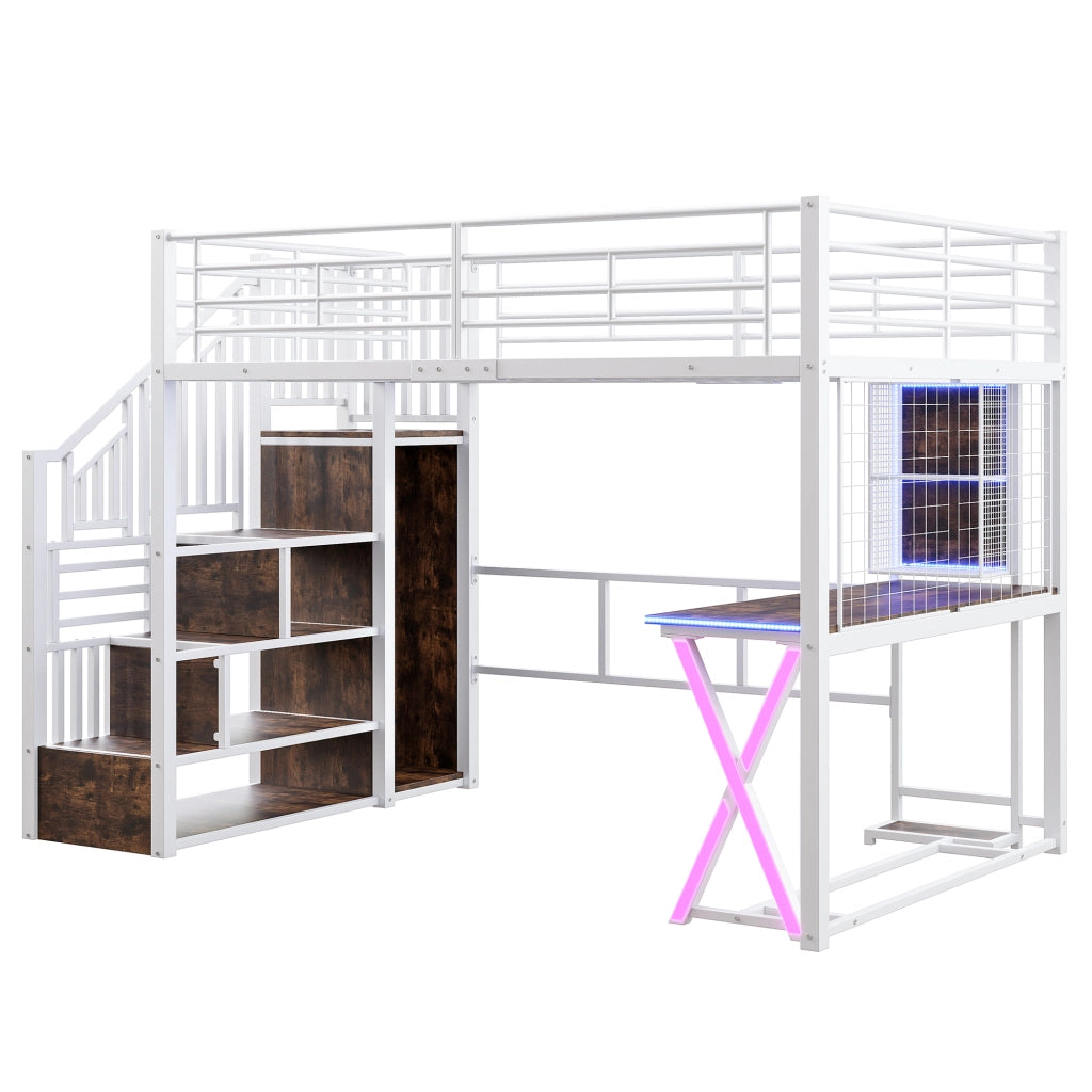 Letto a Soppalco con LED, Scrivania e Armadio ¨C MINIMAL ¨C Bianco 140x200