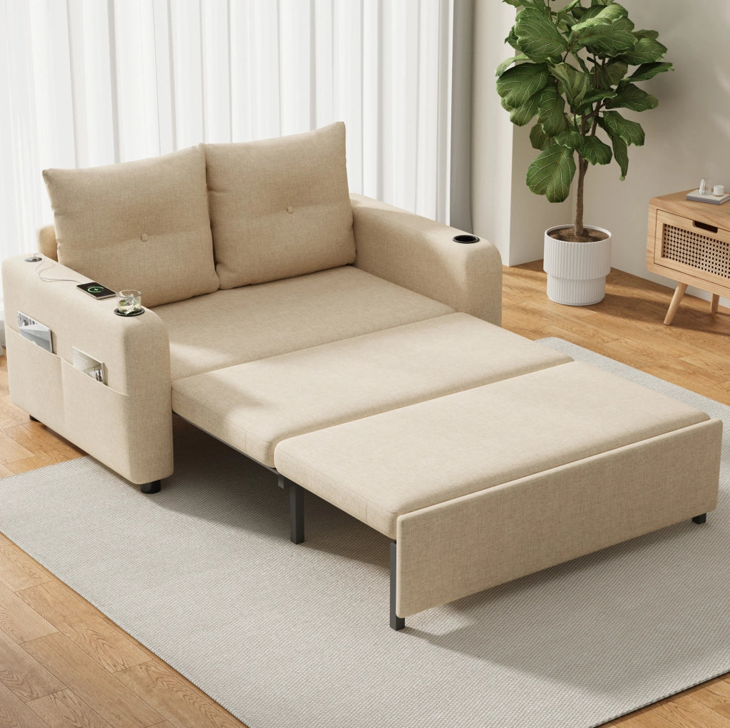 Divano letto 3 in 1 con porta bicchieri; USB e Type-C; 131x81x94 cm; beige