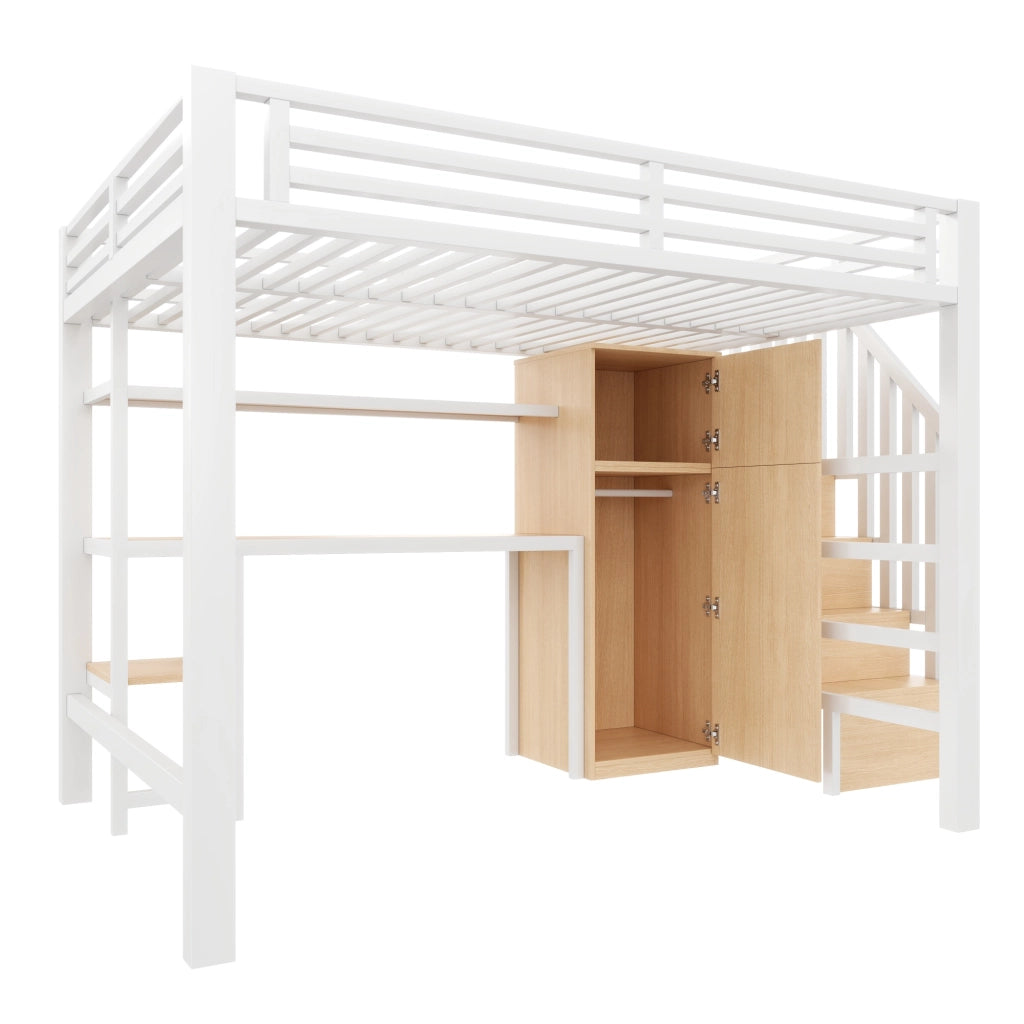 LETTO A CASTELLO 140x200 cm Bianco con scrivania, armadio, scaffale e LED