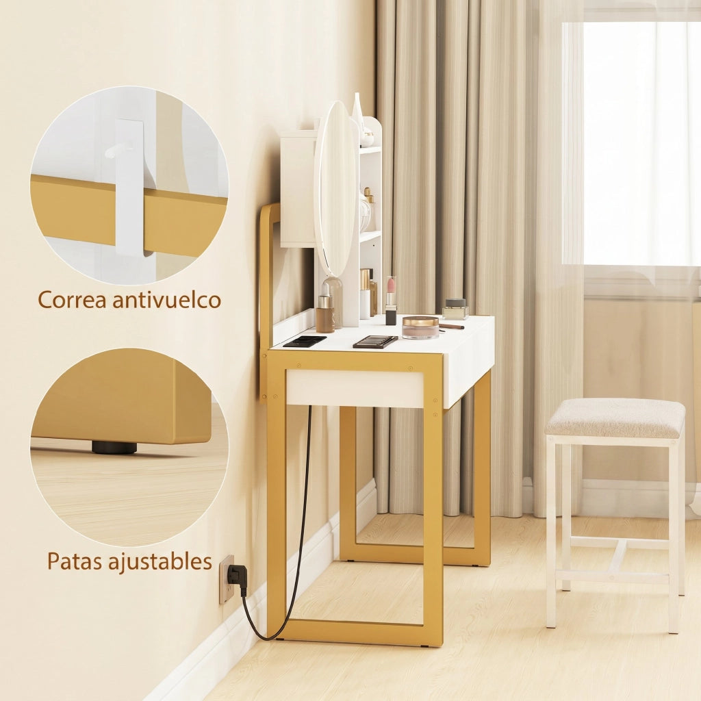 Cassettiera con Specchio e Sgabello ¨C Xylo ¨C Bianca con 2 Cassetti e 3 Ripiani