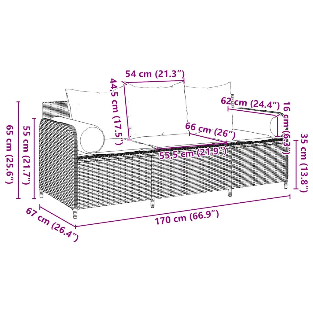 Divano da Giardino con Cuscini 3 Posti Grigio in Polyrattan 4104174