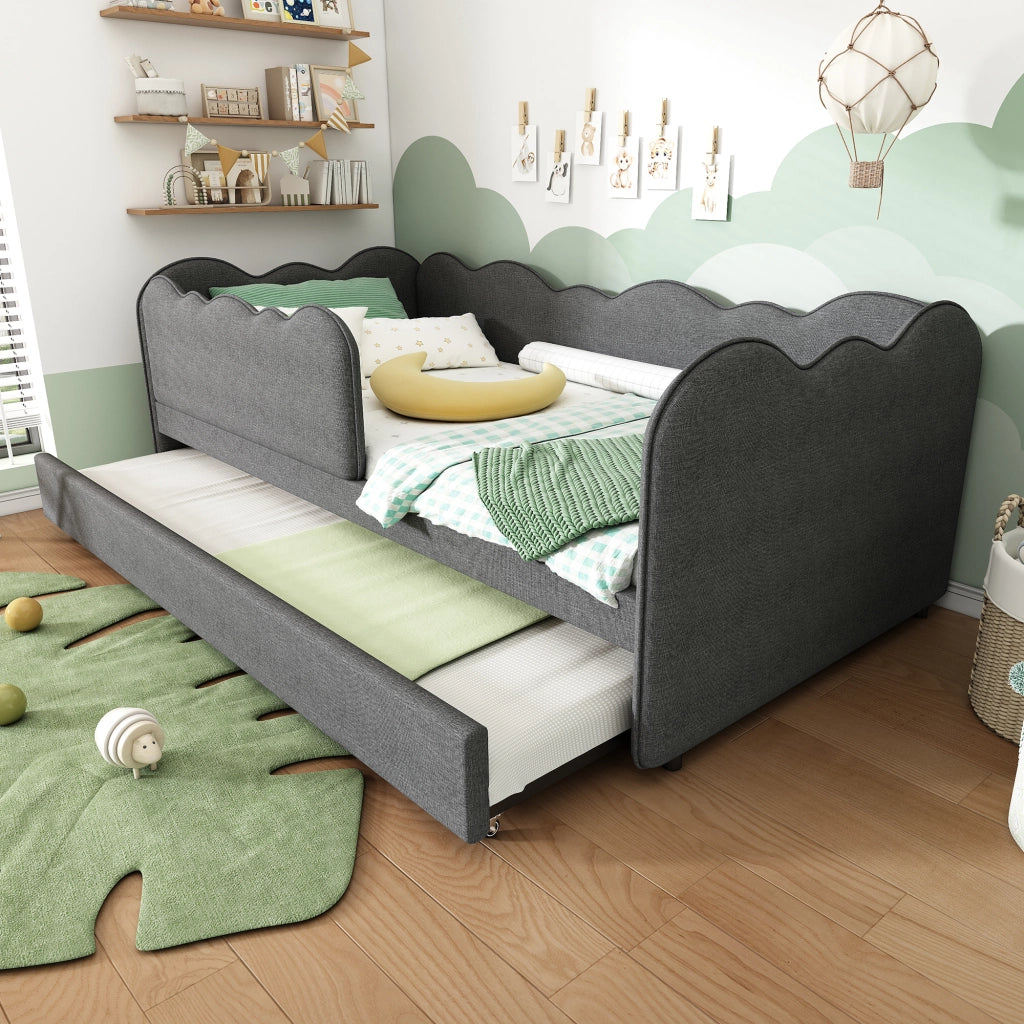 Letto Imbottito con Ausziehbett ¨C MINIMAL ¨C Grigio, Tessuto Lino, 90x190