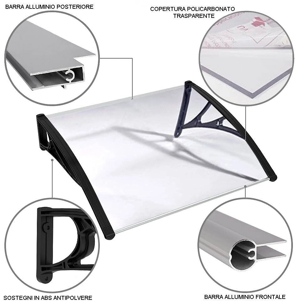 Pensilina Tettoia 120x80 Cm Esterno Porta Ingresso Trasparente Modulare Tetto Copertura Policarbonato