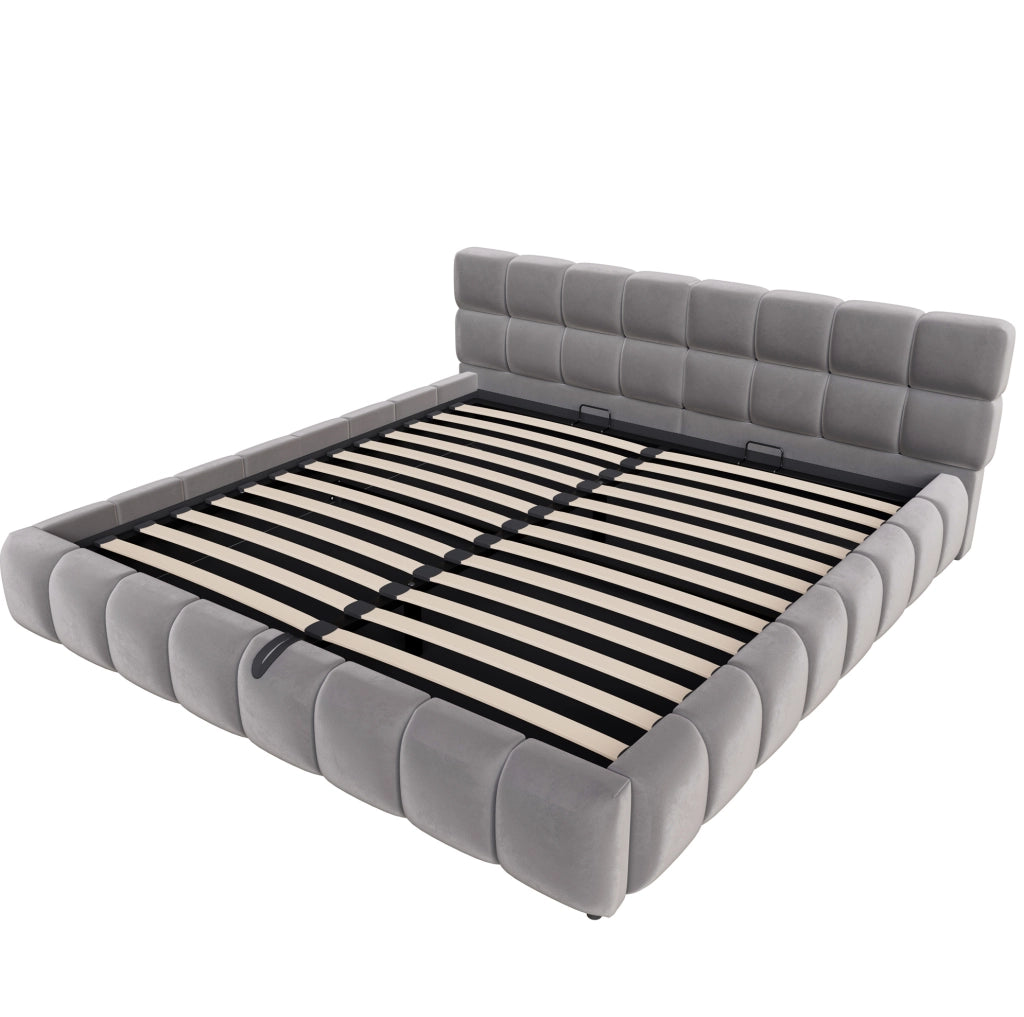 Letto contenitore imbottito 180x200 cm in velluto grigio con LED