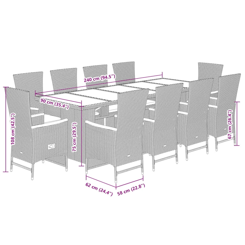 Set da Pranzo da Giardino 11 pz con Cuscini in Polyrattan Nero