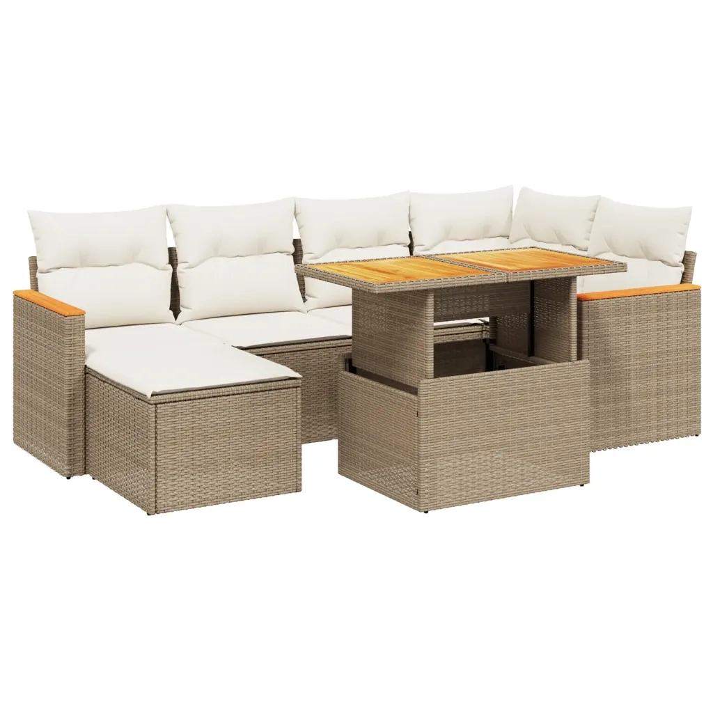 Set Divani da Giardino 7 pz con Cuscini Beige in Polyrattan
