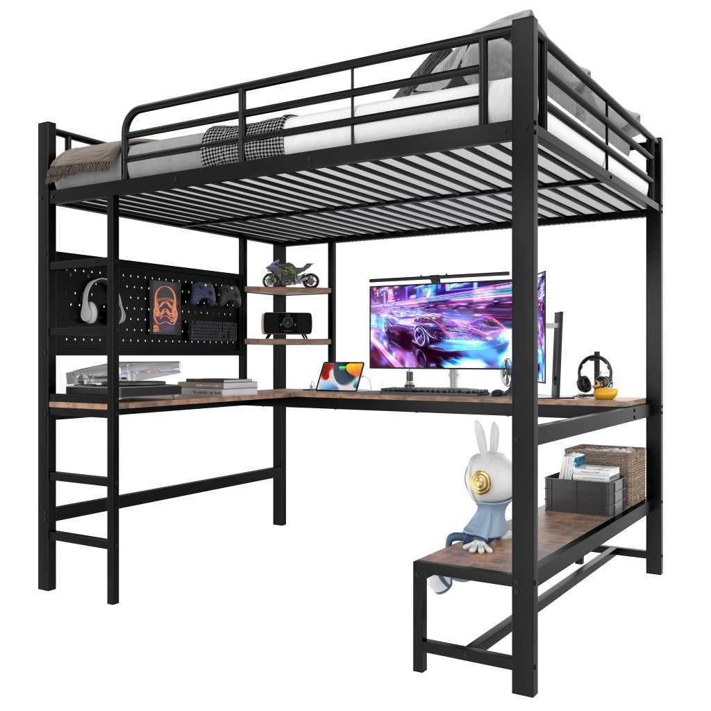 Letto a castello nero in metallo con scrivania led usb-c 140x200 cm
