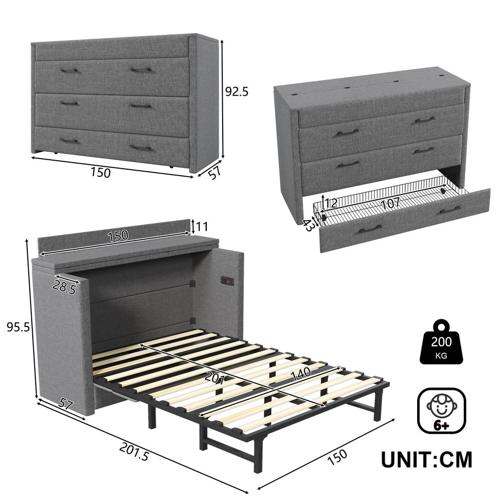 Letto a Scomparsa con Cassetto e Rete a Doghe ¨C MINIMAL ¨C Grigio, 140x200