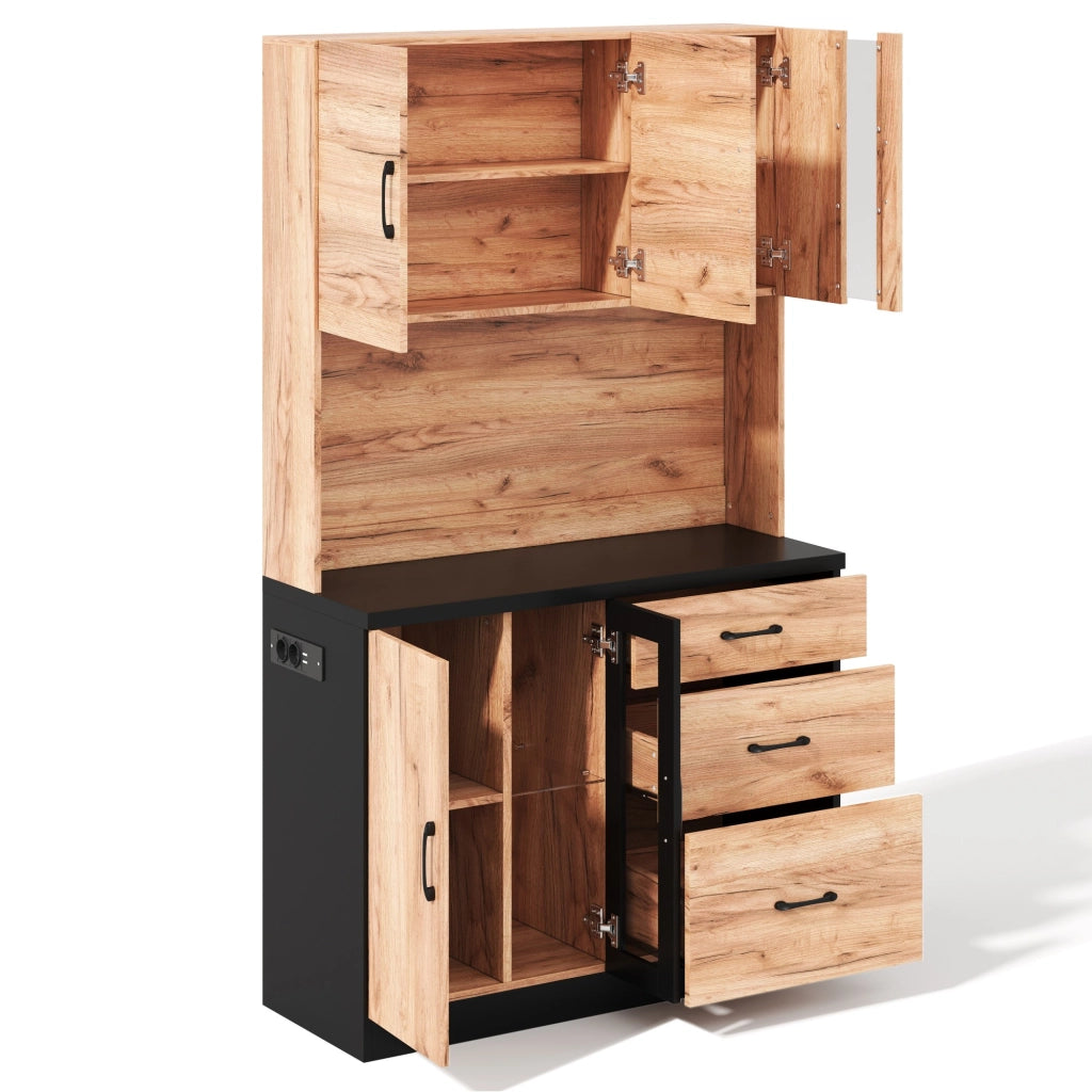 Pensile da Cucina con LED e Ripiani Regolabili ¨C Xylo ¨C Nero e Legno 105x40x180 cm