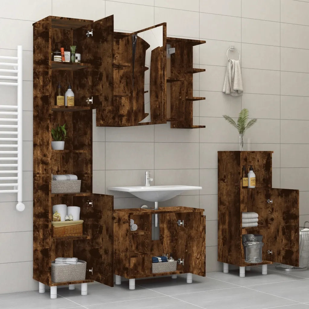 Set Mobili da Bagno | Armadio da bagno 4 pz Rovere Fumo in Legno Multistrato