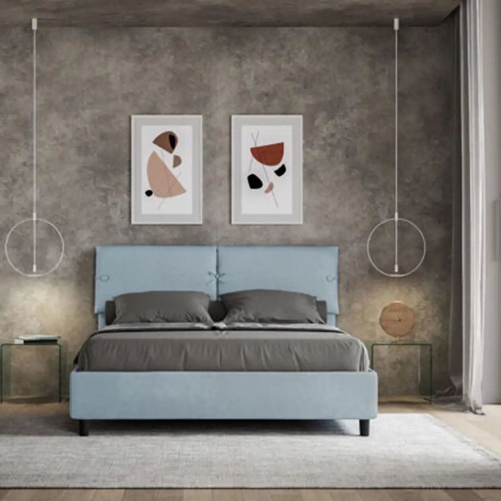 Letto matrimoniale contenitore imbottito 160x210 microfibra azzurro Sleeper