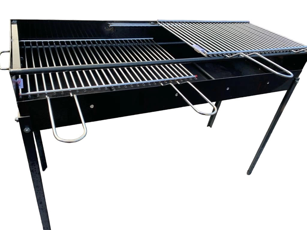 Barbecue in Ferro con 2 Griglie in Acciaio,Artigianale, Regolabile in 2 Altezze 100x38 cm, Piedi Estraibili, Portatile per Esterni