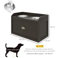 Ciotole per Cani Rialzate in Acciaio Inox e Legno con Cassetto, 60x30x36cm, Marrone