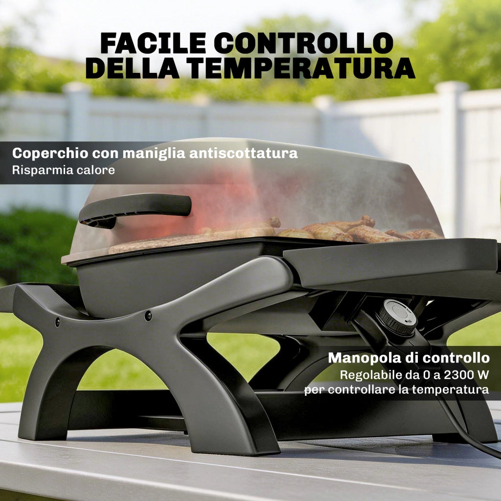 barbecue elettrico 2300W, portatile da tavolo con ripiani laterali, colore nero.
