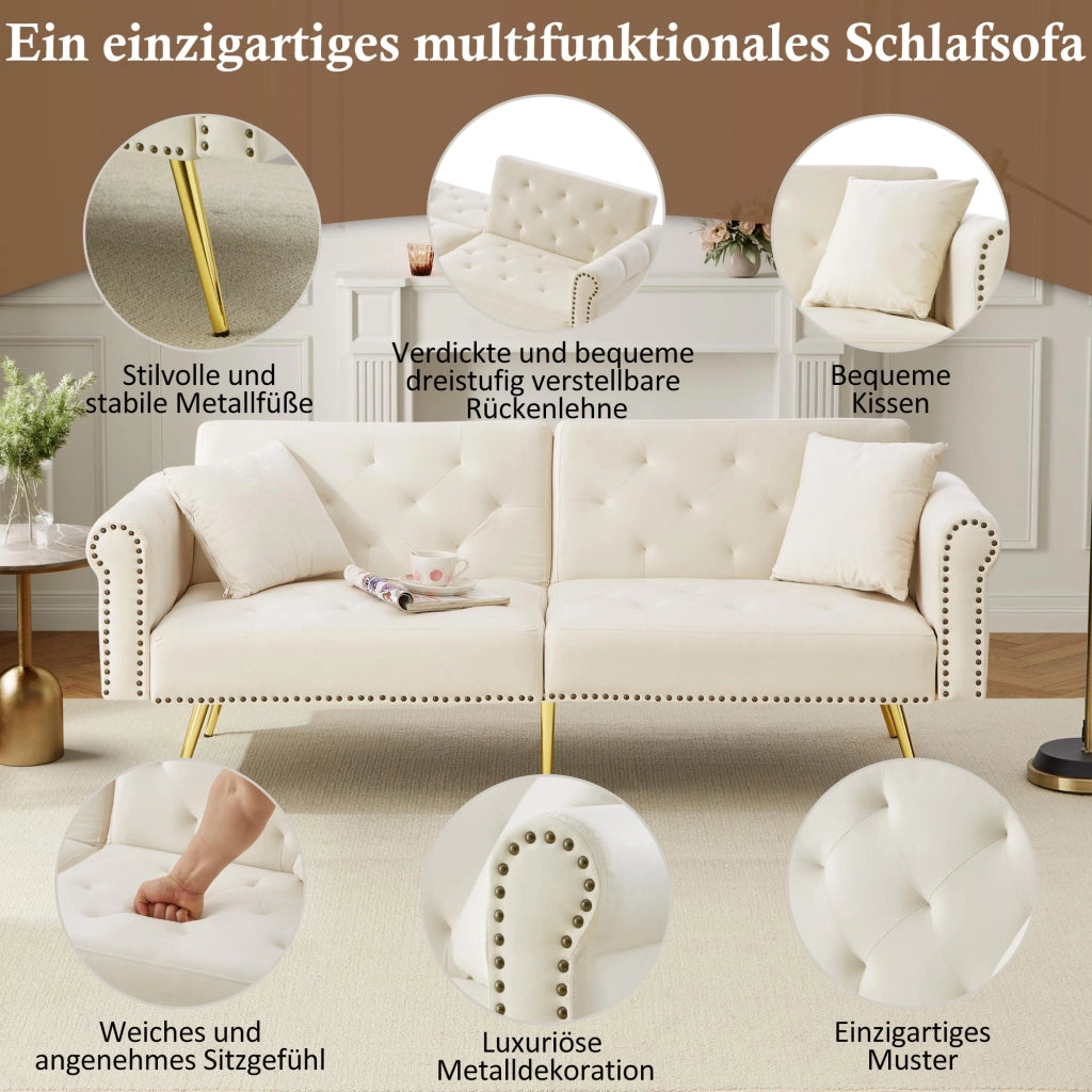 DIVANO LETTO 2 posti reclinabile 147x85 cm velluto Beige con 2 cuscini