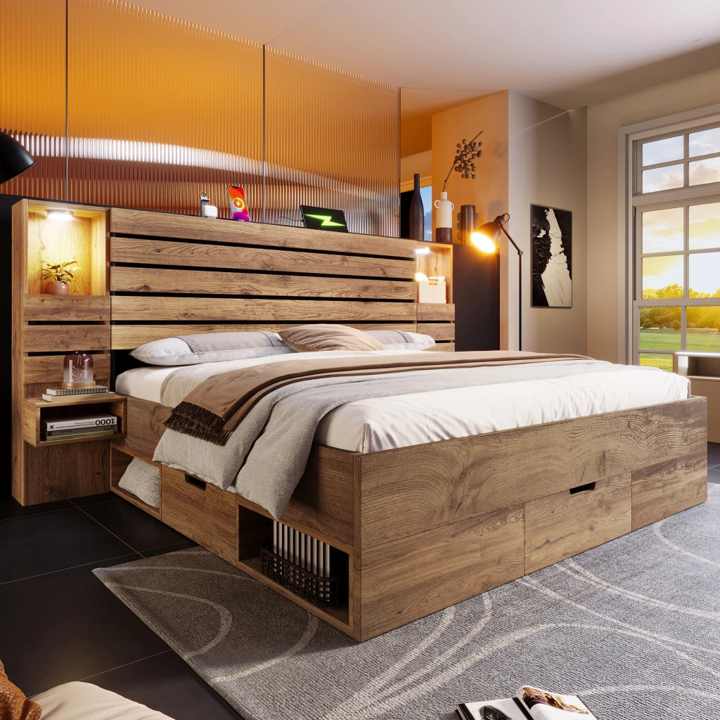 Letto legno 180x200 LED USB Type-C vano cassetti rovere