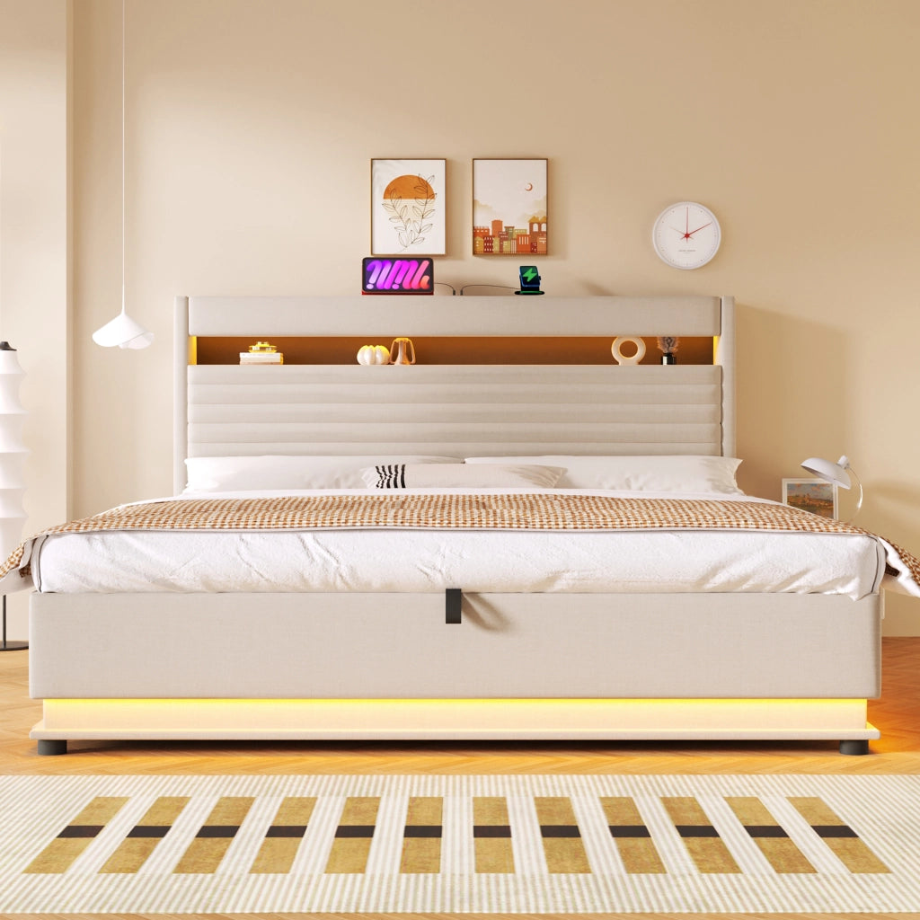 LETTO imbottito 180x200 cm in lino beige con LED, USB Type-C e vano contenitore