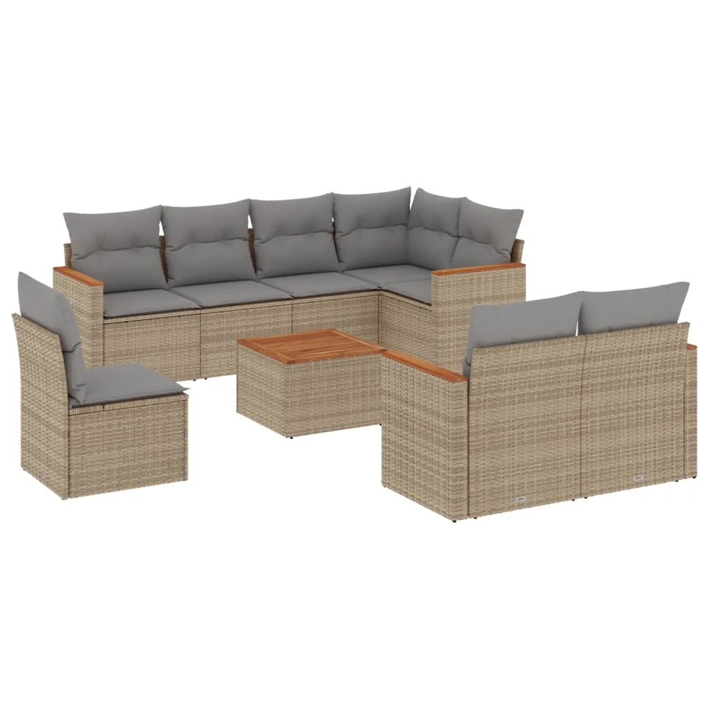 Set Divano da Giardino 9 pz con Cuscini Beige Misto Polyrattan