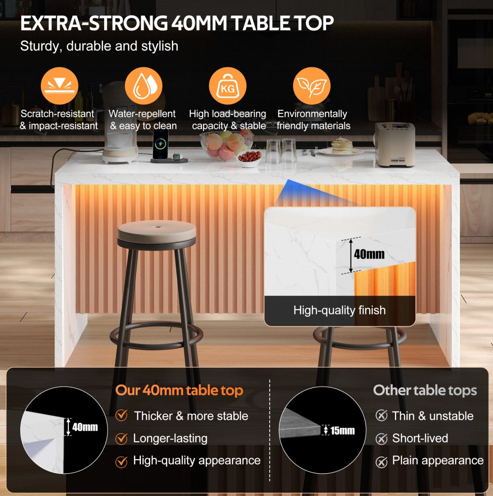 Isola cucina 155x80x90 cm in MDF effetto marmo bianco; con LED; prese e USB