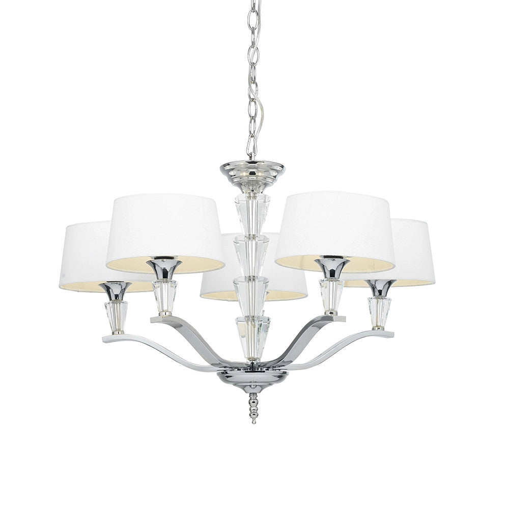 Lampadario 5 luci paralumi bianchi cromato cristalli E14