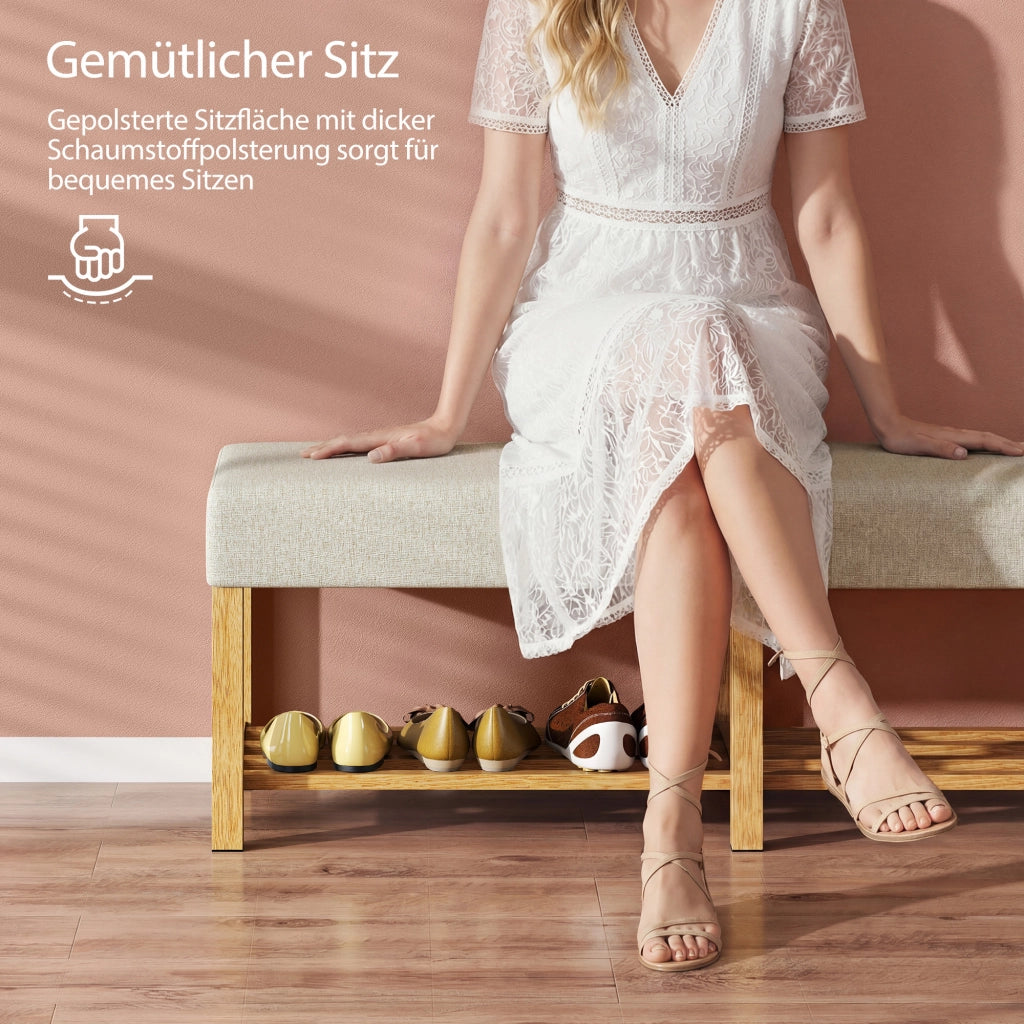 Panca Ingresso Legno Massello con Seduta Imbottita ¨C zephmum ¨C Naturale e Bianco Crema 140 cm