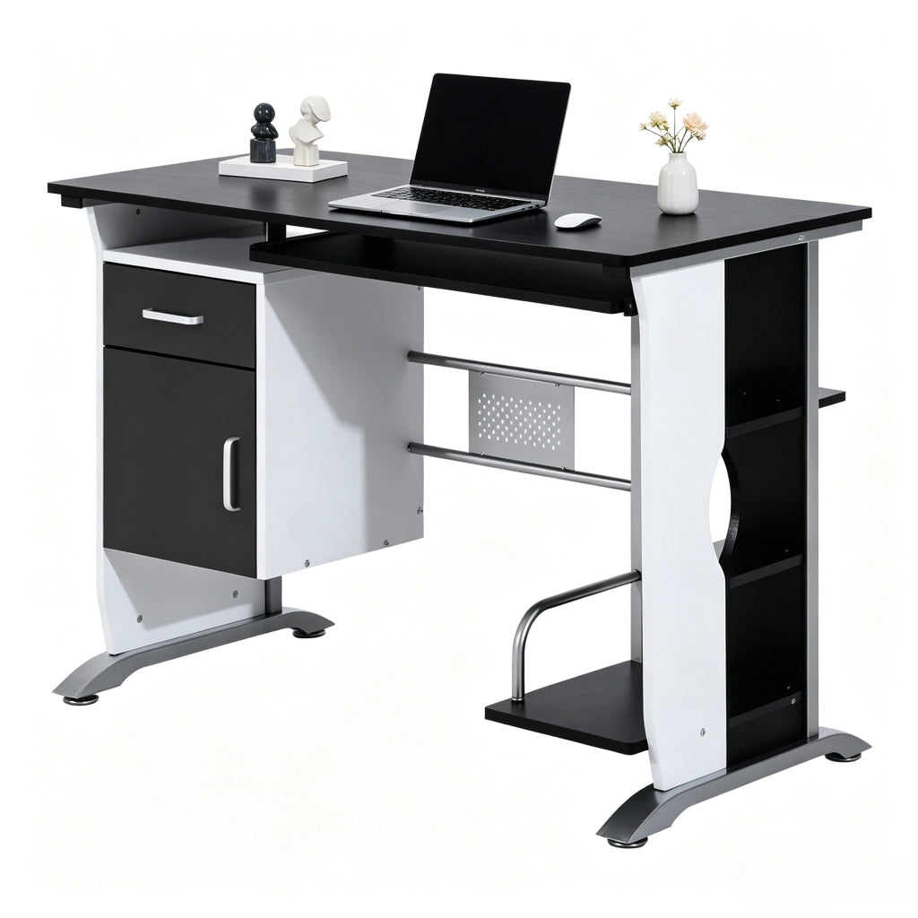 Scrivania lineare con cassetto; vano e ripiano estraibile per ufficio; in MDF e metallo; nero; 100×52×75 cm