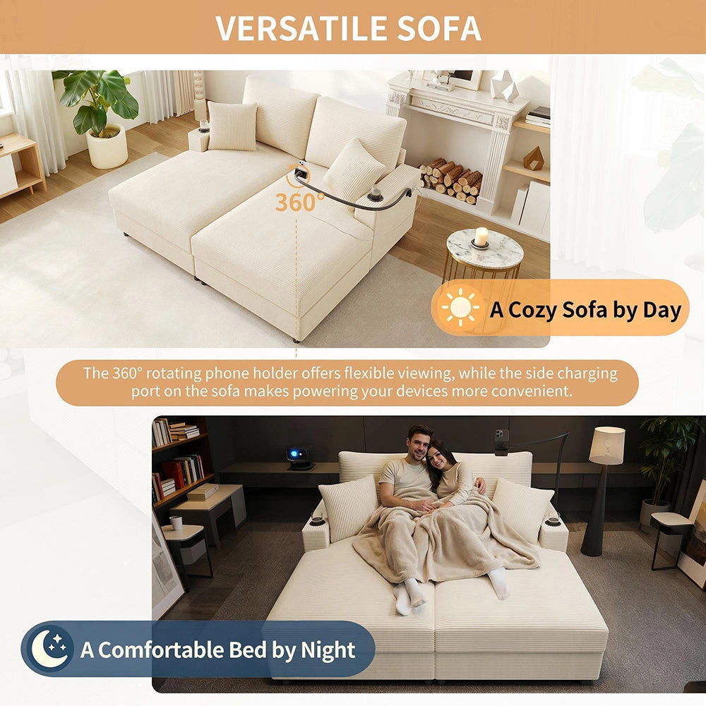 Divano letto XXL - Xylo - Doppio, USB, porta bicchieri, beige, imbottito