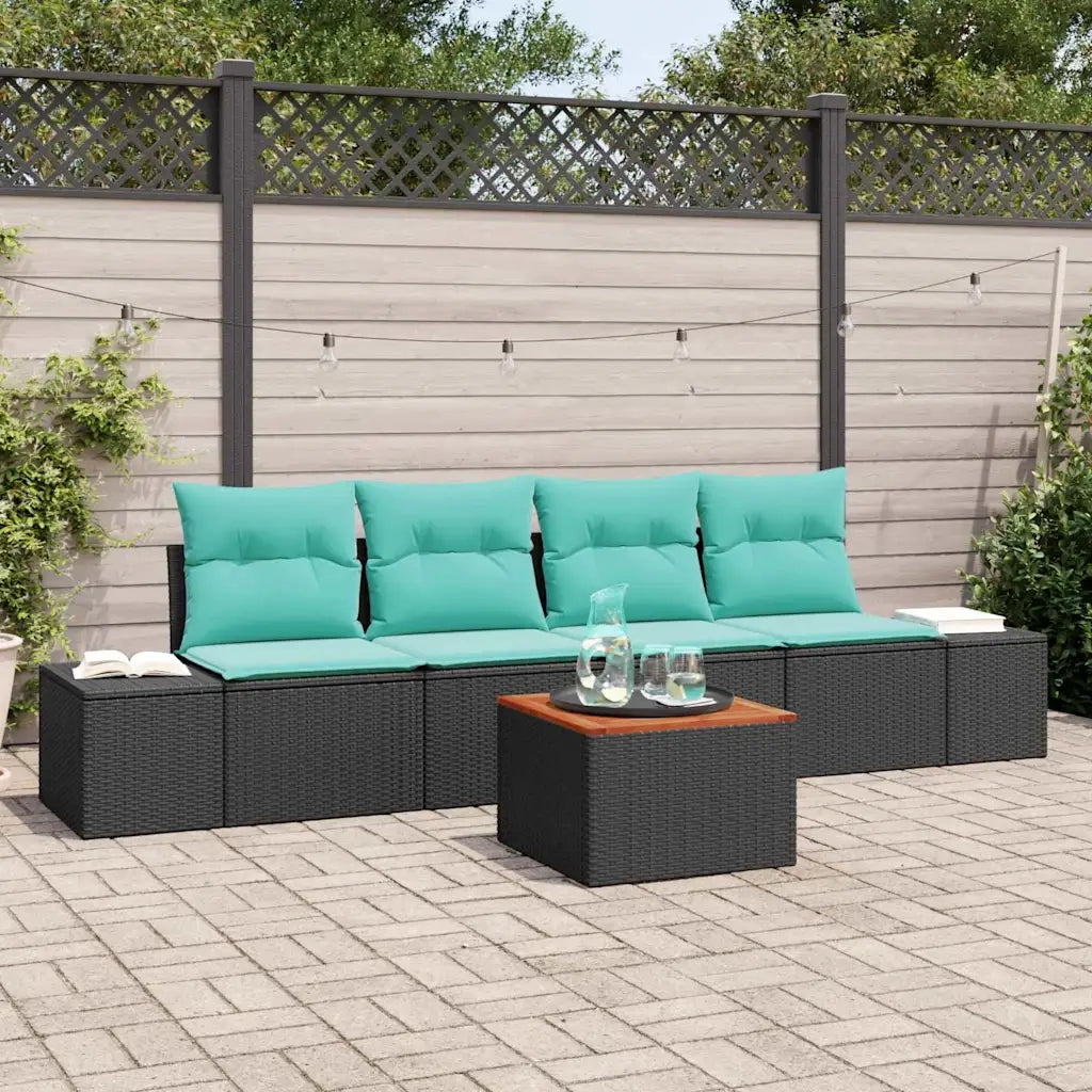 Set Divano da Giardino 5 pz Nero e Turchese polyrattan 3356562