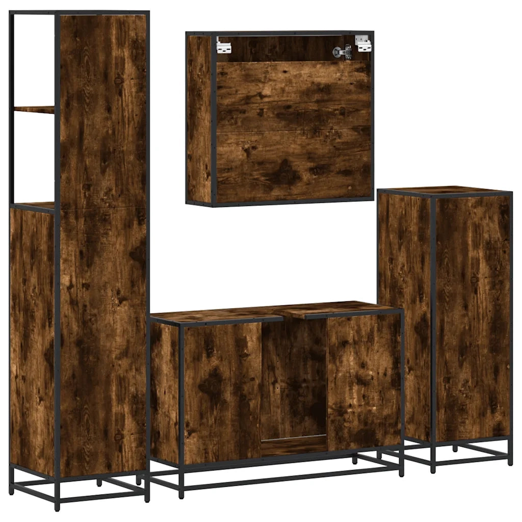 Set Mobili da Bagno | Armadio da bagno 4 pz Rovere Fumo in Legno Multistrato