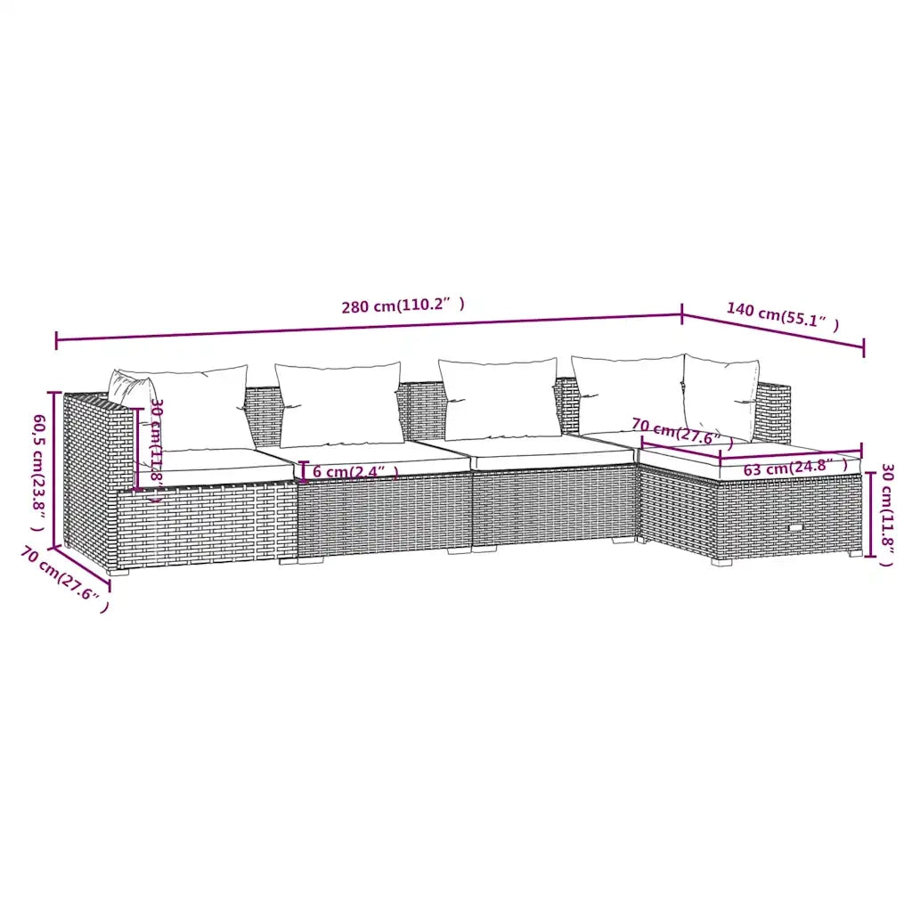 Set Divani da Giardino 5 pz con Cuscini in Polyrattan Marrone 3101660