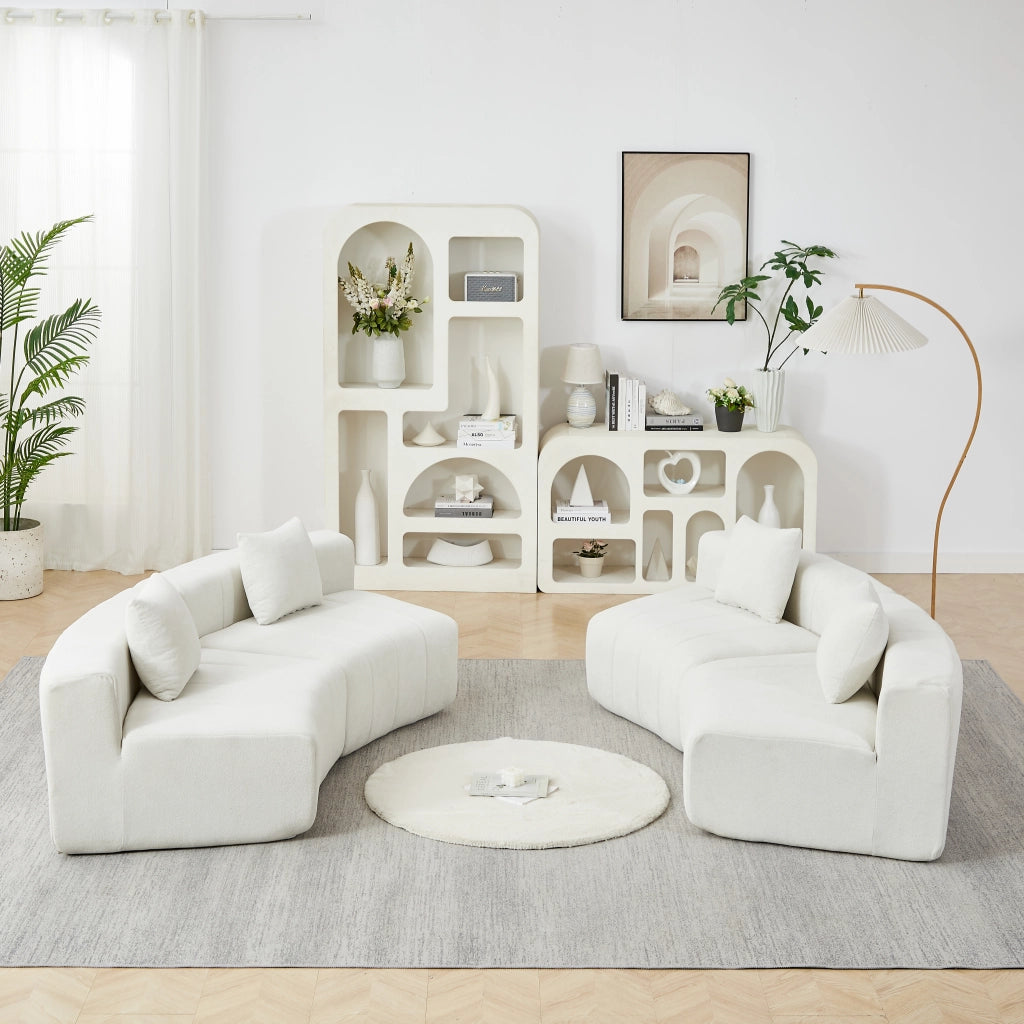 DIVANO Modulare Curvo 4 Posti in Chenille Beige con 2 Cuscini