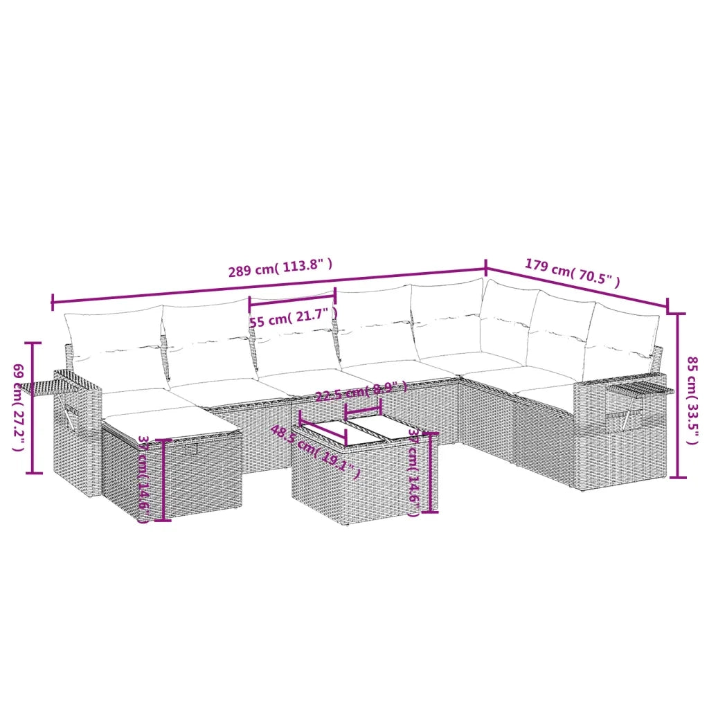 Set Divani da Giardino 9 pz con Cuscini Nero in Polyrattan 3263902