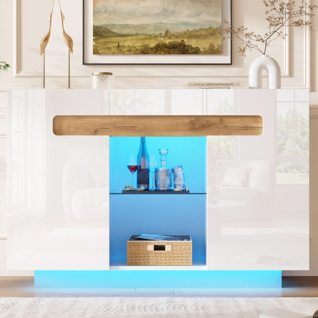 SIDEBOARD LED 120x40x80 cm Bianco e Effetto Legno Naturale