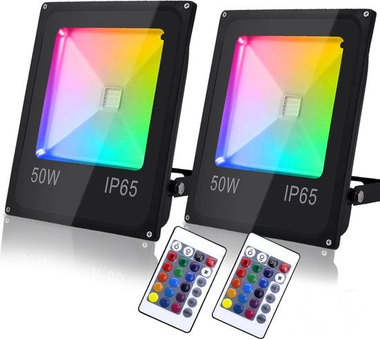 2x Fari a LED RGB da 50W con telecomando Fari a LED RGB da 50W IP65 Impermeabili Fari a LED RGB da 50W da installazione all'aperto Fari a LED RGB da 50W in nero