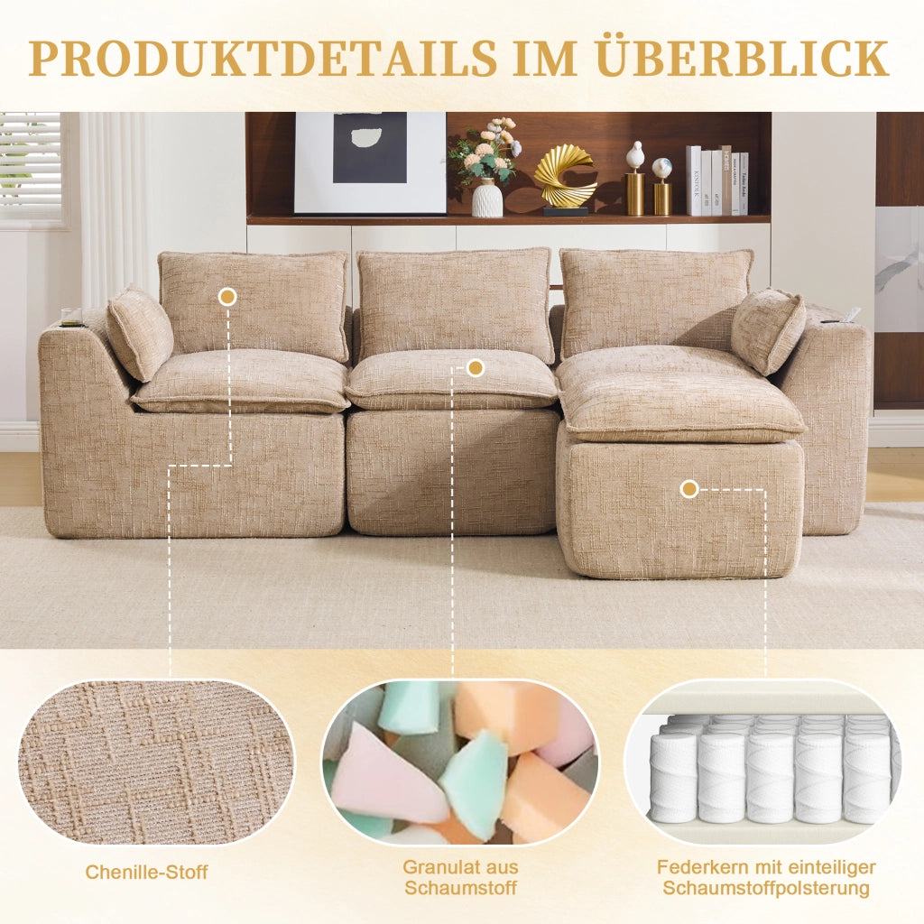 Divano modulare 3 posti con tasche laterali e cuscini, in chenille khaki e nucleo a molle, 256 × 161 × 75 cm