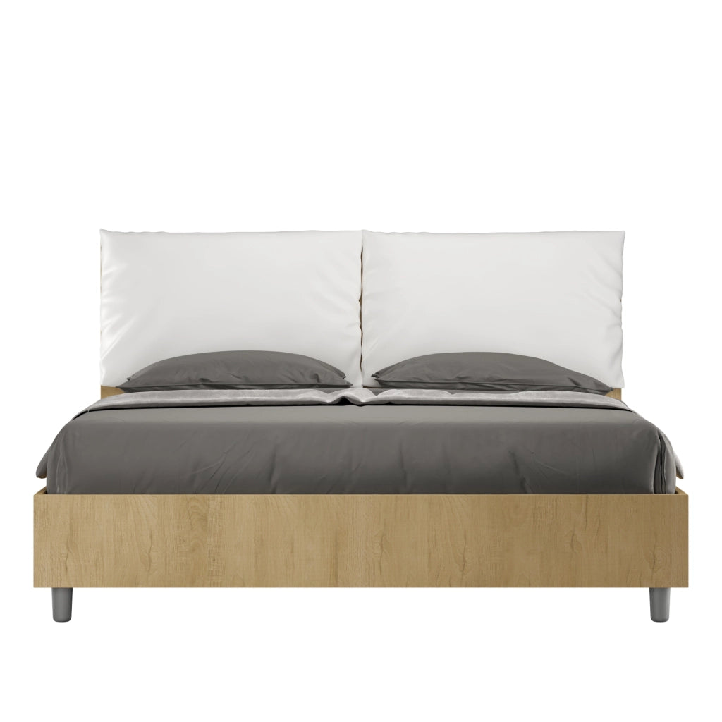 BS COM Letto matrimoniale con rete 160x200 Quercia cuscini similpelle bianco