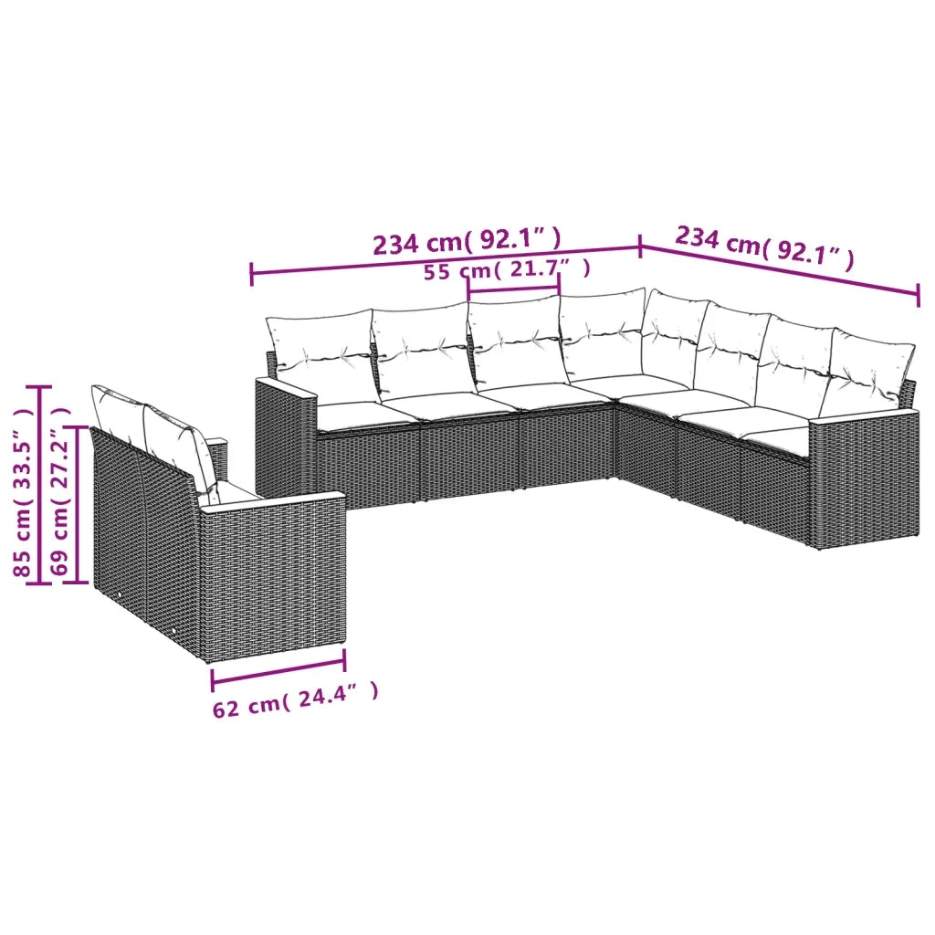 Set Divani da Giardino 9 pz con Cuscini Nero in Polyrattan 3226098