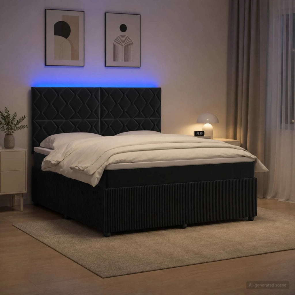 Letto Box Spring LED con Materasso Nero 180 x 200 cm Velluto 3456127