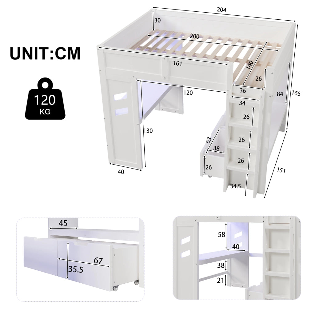 Letto a soppalco 140x200 cm con scrivania, LED, USB-C, 2 cassetti e appendiabiti, bianco